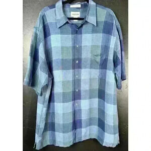 Alfani Shirt Mens Large Collared Button-Up Linen Blend Rayon Plaid Blue